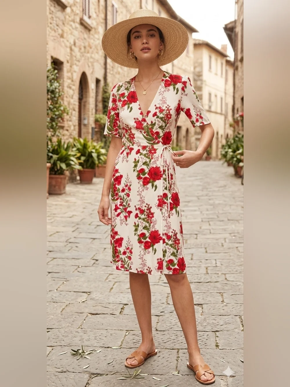 Reformation Floral Wrap Dress Ivory Red Flowers Size M Viscose Short Sleeve